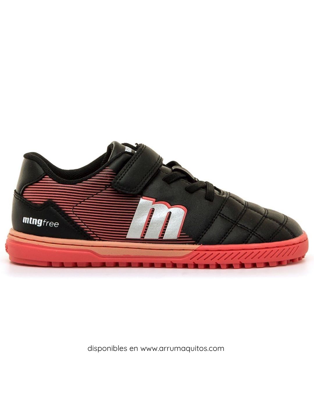 Vista de perfil de zapatilla deportiva respetuosa negra y roja con logotipo blanco y suela plana sin elevación en el talón.